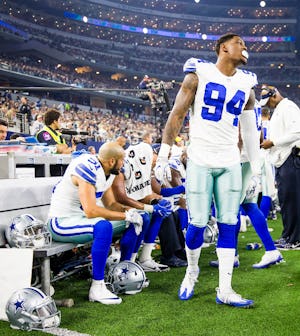 Dallas Cowboys defensive end Randy Gregory on the sidelines during the first half of an NFL football game at AT&T Stadium on Monday, Dec. 26, 2016, in Arlington, Texas. (Smiley N. Pool/The Dallas Morning News)