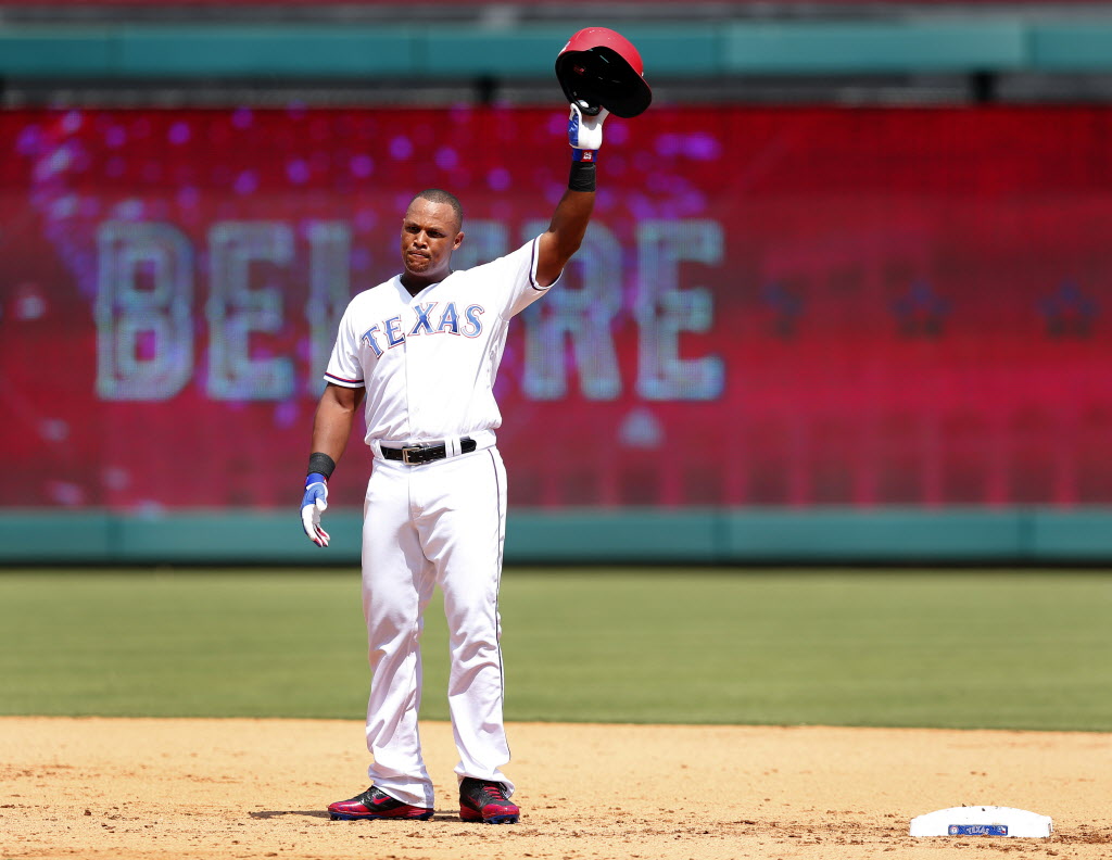 Texas third baseman Adrian Beltre collects his 3000th hit when he doubles  in the fourth inning in the Rangers' 10-6 loss to the Orioles at Globe Life  Park in Arlington. The twenty-year