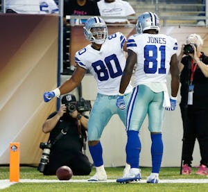 Dallas Cowboys tight end Rico Gathers (80) celebrates after scoring a touchdown with Dallas Cowboys wide receiver Andy Jones (81) in a game against the Arizona Cardinals during the first quarter of play of the Hall of Fame Game at Tom Benson Hall of Fame Stadium in Canton, Ohio on Thursday, August 3, 2017. (Vernon Bryant/The Dallas Morning News)