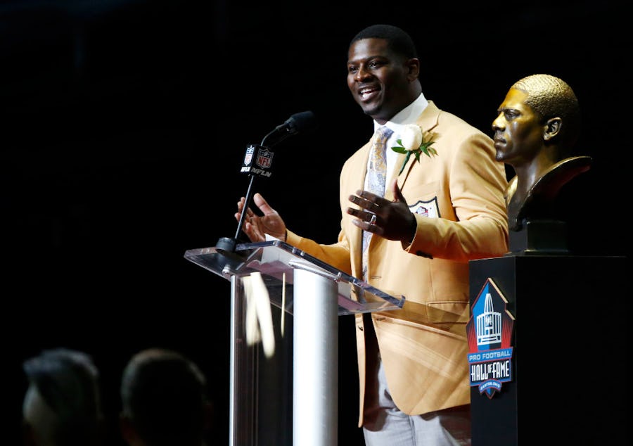 2017 Pro Football Hall of Fame inductee LaDainian Tomlinson speaks during the 2017 Pro Football Hall of Fame Enshrinement Ceremony at Tom Benson Stadium in Canton, Ohio on Saturday, August 6, 2017. (Vernon Bryant/The Dallas Morning News)