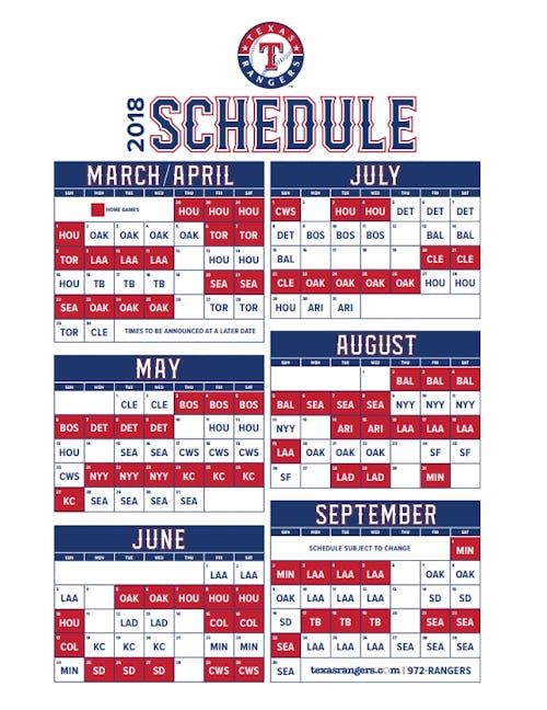 Rangers' 2018 schedule revealed Season opens vs. Houston, LA Dodgers