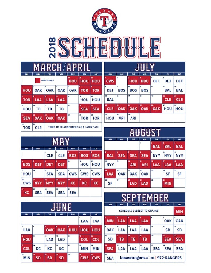 Rangers' 2018 schedule revealed Season opens vs. Houston, LA Dodgers