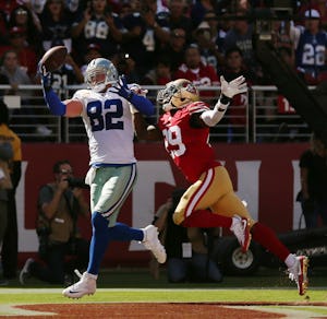 Dallas Cowboys tight end Jason Witten (82) catches an 18-yard pass for a touchdown from quarterback Dak Prescott (4) over San Francisco 49ers free safety Jaquiski Tartt (29) to make the score 19-3 in the first quarter during a National Football League game between the Dallas Cowboys and the San Francisco 49ers at Levi's Stadium in Santa Clara, California Sunday October 22, 2017. (Andy Jacobsohn/The Dallas Morning News)