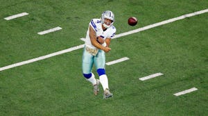 Dallas Cowboys quarterback Dak Prescott (4) releases a first quarter pass after rolling out against the Kansas City Chiefs at AT&T Stadium in Arlington, Texas, Sunday, November 5, 2017. (Tom Fox/The Dallas Morning News)