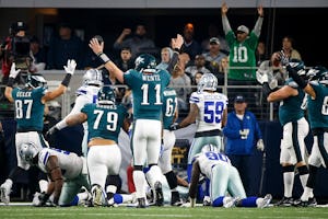 Philadelphia Eagles quarterback Carson Wentz (11) celebrates a touchdown during the first half of an NFL football game against the Dallas Cowboys at AT&T Stadium on Sunday, Nov. 19, 2017, in Arlington, Texas. (Smiley N. Pool/The Dallas Morning News)