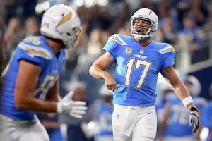 ARLINGTON, TX - NOVEMBER 23: Philip Rivers #17 of the Los Angeles Chargers reacts against the Dallas Cowboys at AT&T Stadium on November 23, 2017 in Arlington, Texas. (Photo by Tom Pennington/Getty Images)