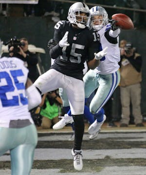 Cowboys safety Jeff Heath (38) breaks up a pass intended for Oakland Raiders wide receiver Michael Crabtree (15) in the end zone during the final minute of the Cowboys-Raiders game at Oakland-Alameda County Stadium in Oakland, Calif., on Sunday, Dec. 17, 2017. (Louis DeLuca/The Dallas Morning News)