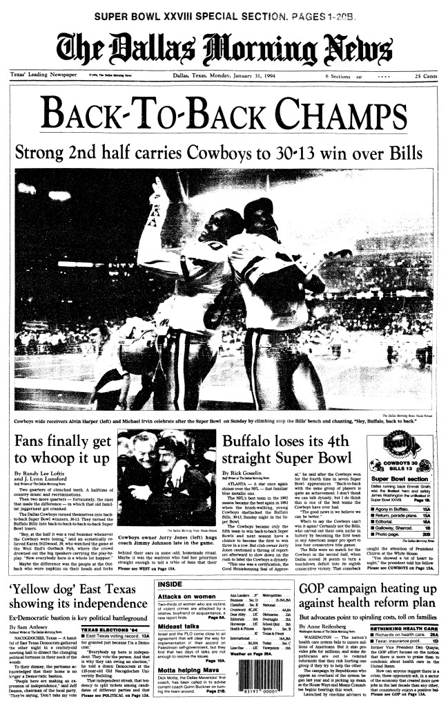 Dallas Cowboys safety James Washington blows a kiss to the crowd after  intercepting a Jim Kelly pass in the fourth quarter of Super Bowl XXVIII in  Atlanta, Jan , 30 , 1994.