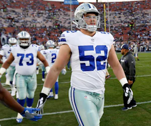 Dallas Cowboys offensive guard Connor Williams (52) jogs out for warmups before their NFC Divisional Playoff game against the Los Angeles Rams at Los Angeles Memorial Coliseum in Los Angeles, Saturday, January 12, 2019. (Tom Fox/The Dallas Morning News)