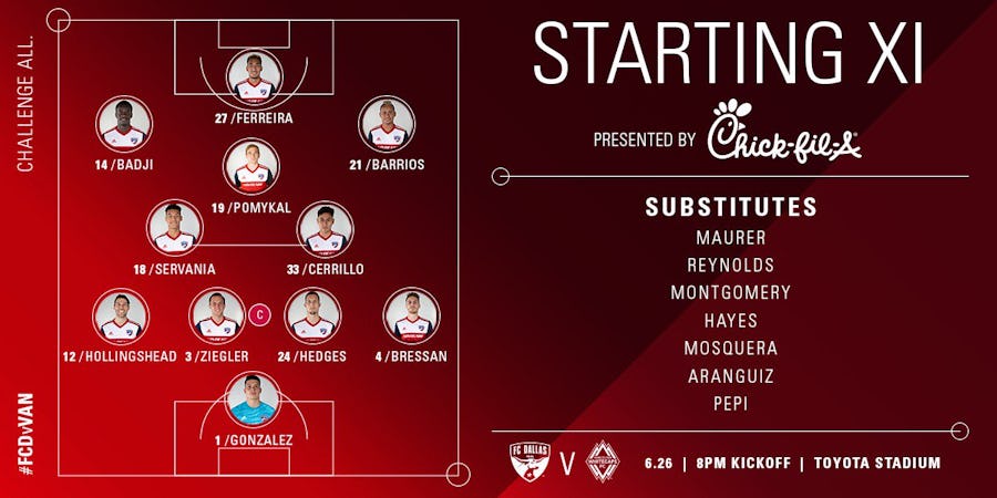 FC Dallas starting XI against Vancouver Whitecaps. (6/26/19)